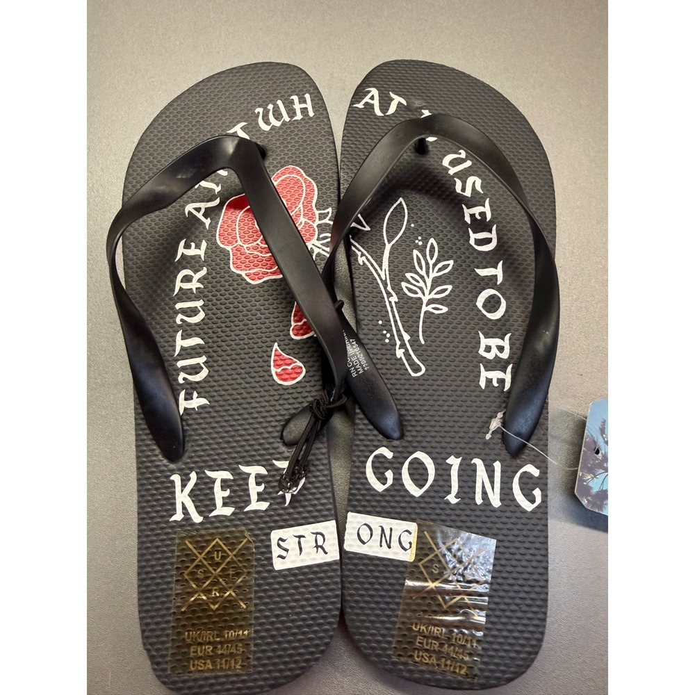 Primark Surf Mens Flip Flops Black Rose Graphic Keep Going Strong Size 11/12 NEW